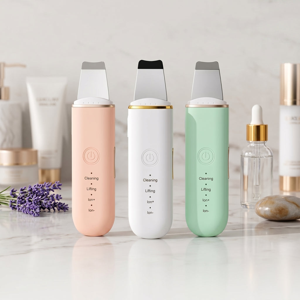 AuraSelf Ultrasonic Facial Skin Scrubbers in pink, white, and green on a marble surface with lavender flowers and other skincare products.