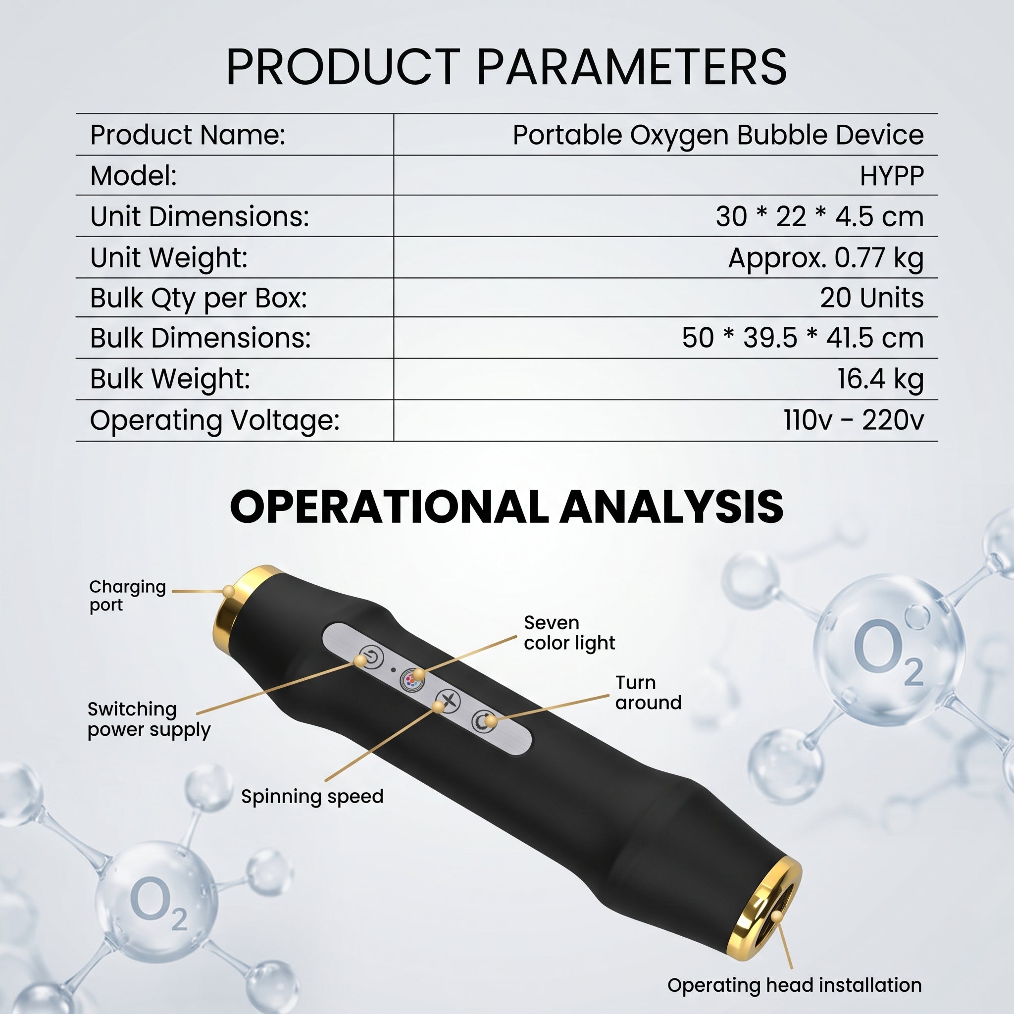 Oxygen Bubble Facial Device Product Parameters