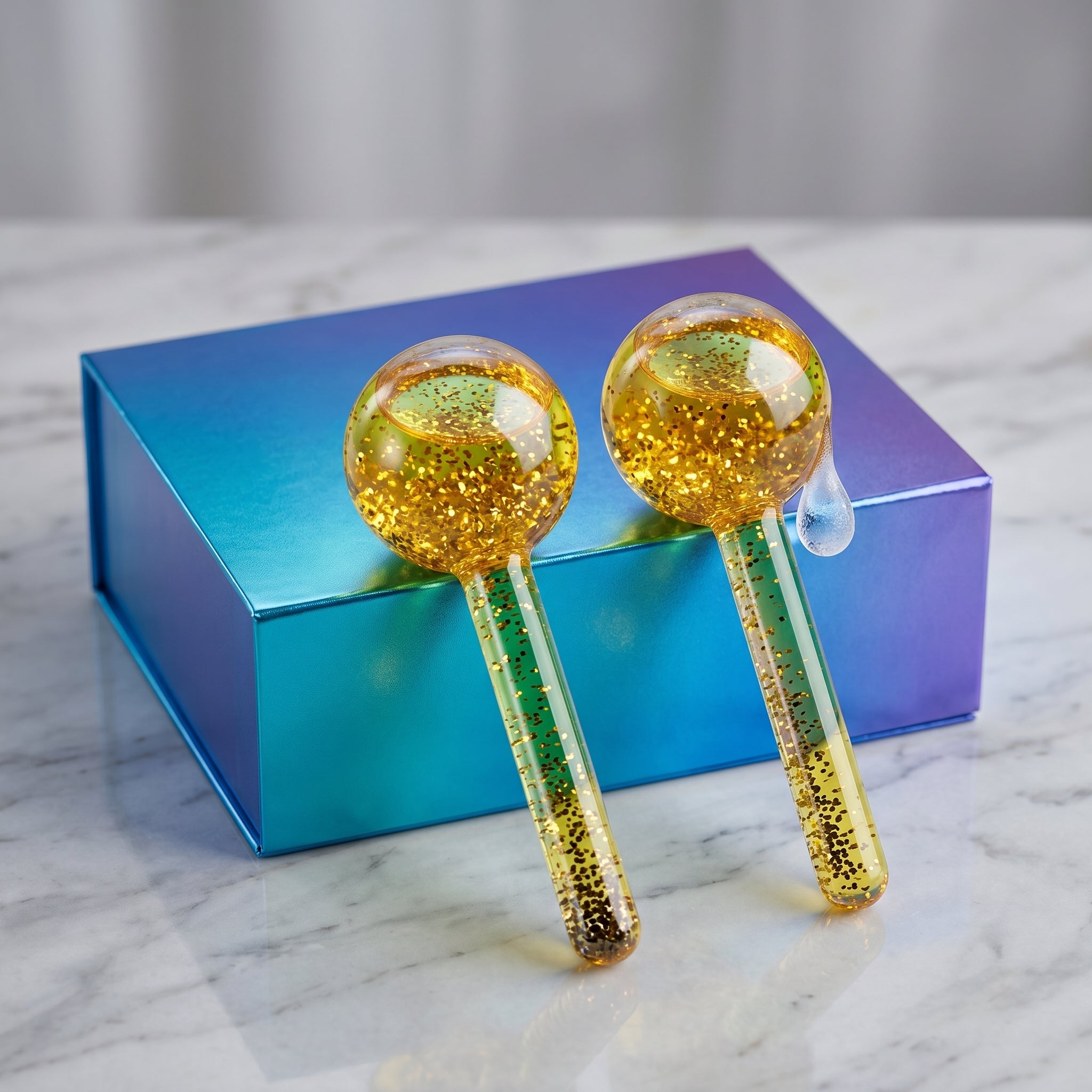 Gold Glitter Cryo Facial Massage Globes for cooling skin therapy.
