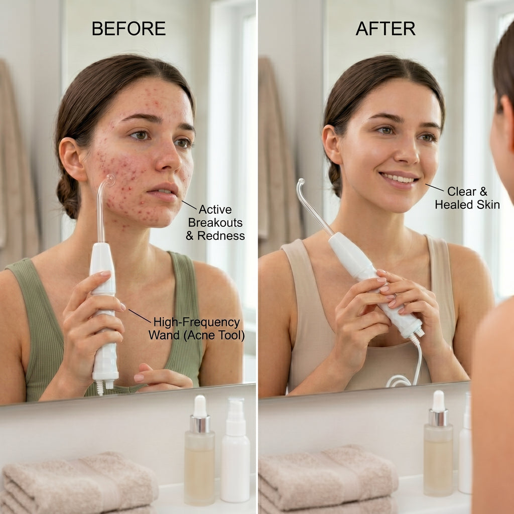 Before and after comparison of a woman using an acne tool with visible skin improvement.