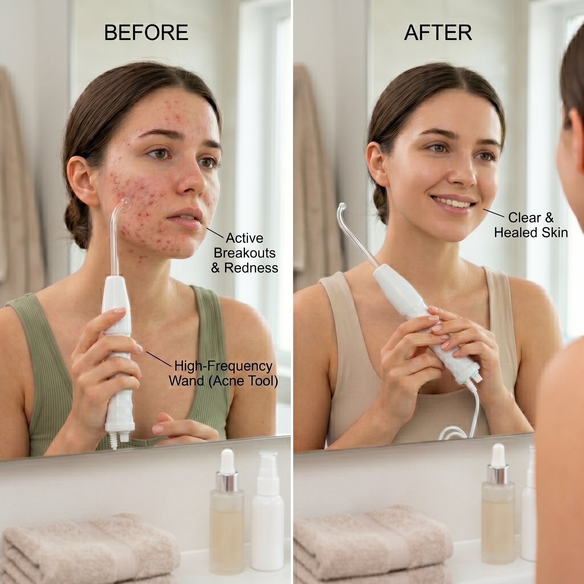 Before and after comparison of a woman using an acne tool with visible skin improvement.