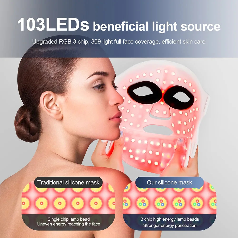 Woman holding a silicone mask with LED lights, comparing traditional and upgraded versions.