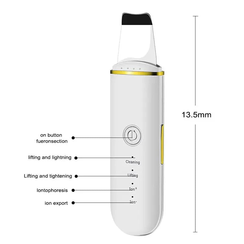 White electronic device with gold accents and labeled functions on a white background