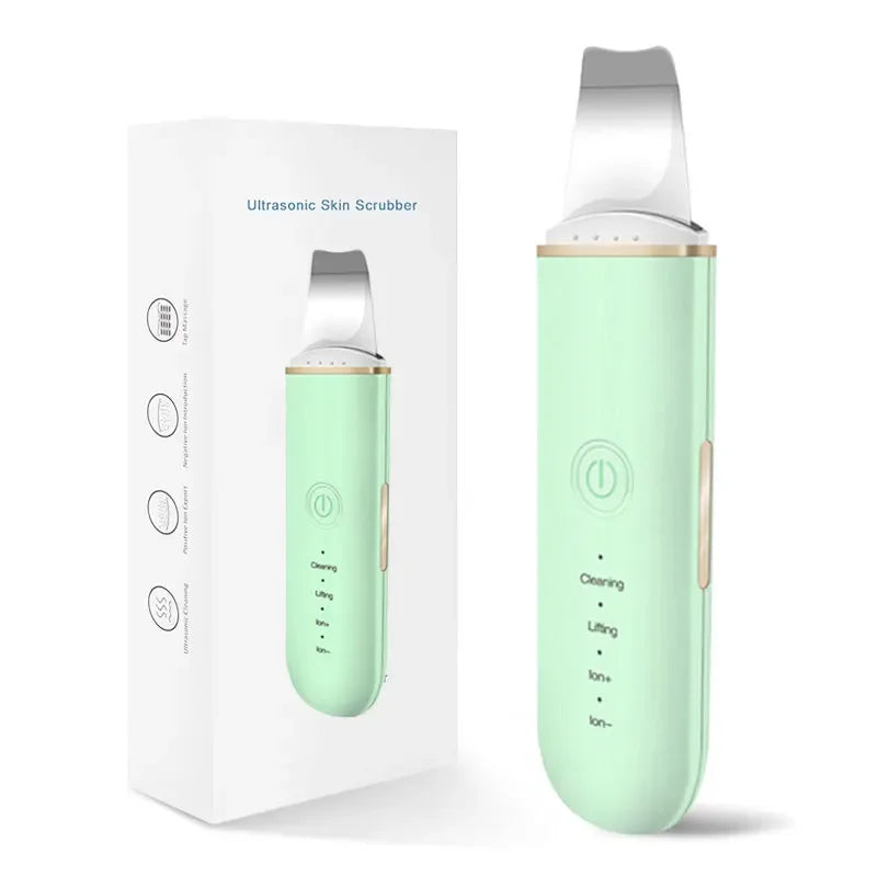 green ultrasonic skin scrubber with packaging on a white background