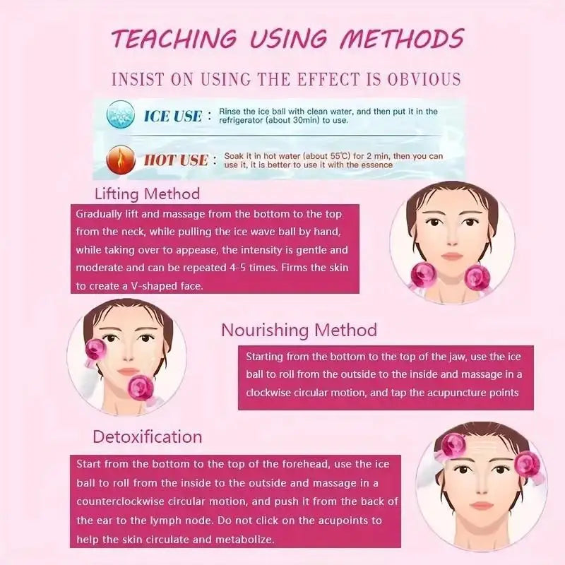 Instructions for using ice globes on the face with text and images of a woman applying them.