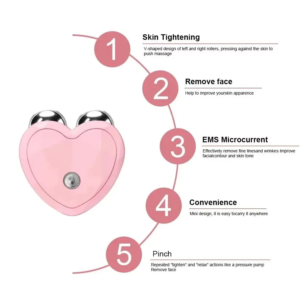 Pink heart-shaped device with text describing its functions