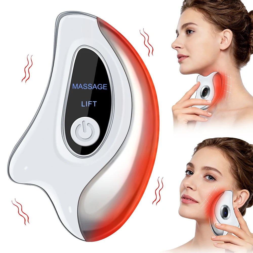 guasha portable facial massager device with a woman using it on her face and neck.
