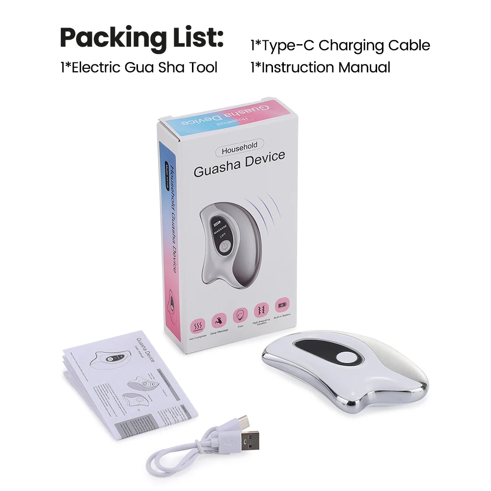 Electric Gua Sha Tool with packaging, charging cable, and instruction manual 