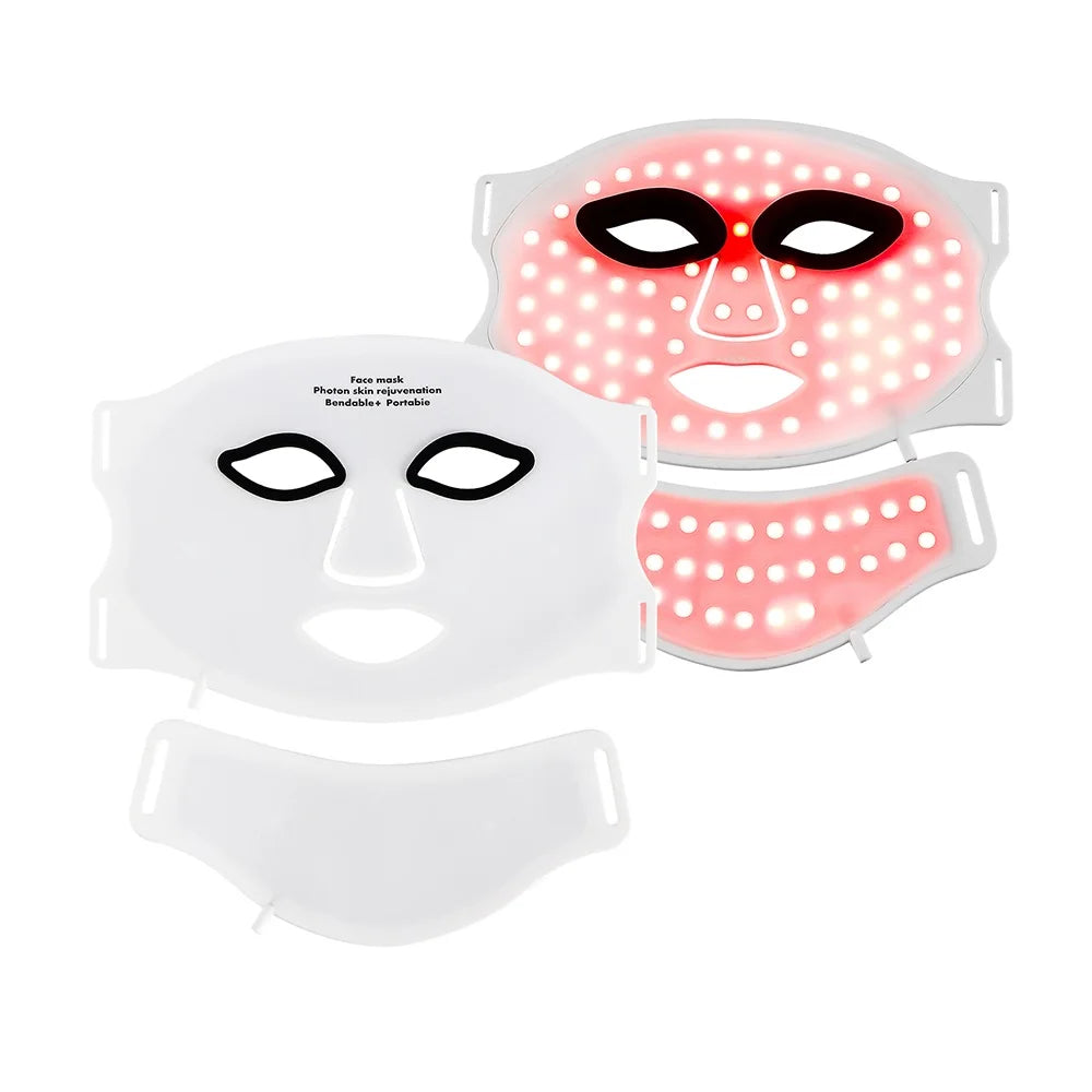 LED face mask with red and pink light on a white background