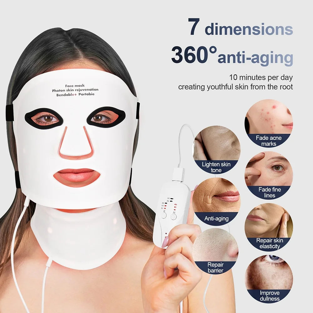 Woman wearing a 360-degree anti-aging face mask with product details on a white background