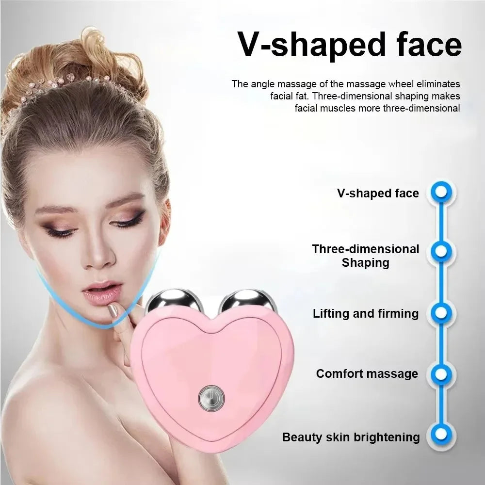 Woman using a pink facial massager with text describing its features 