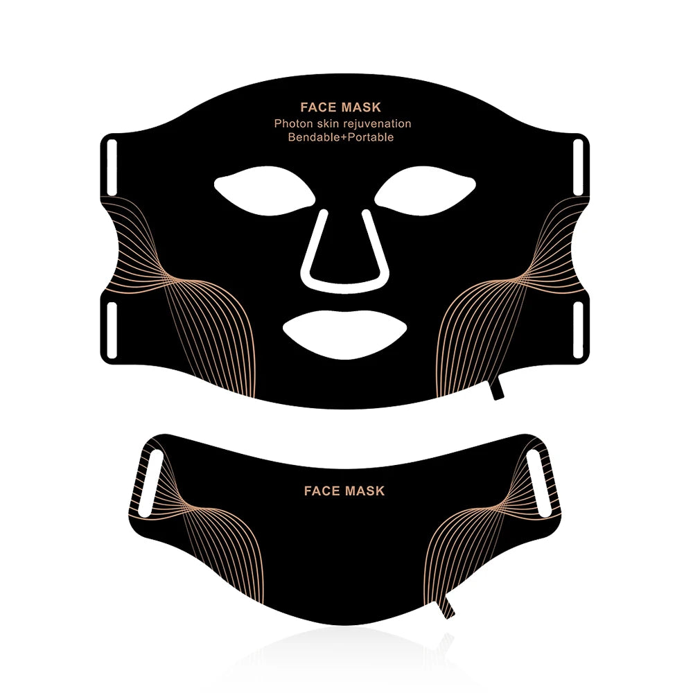 Two black face masks with designs on a white background