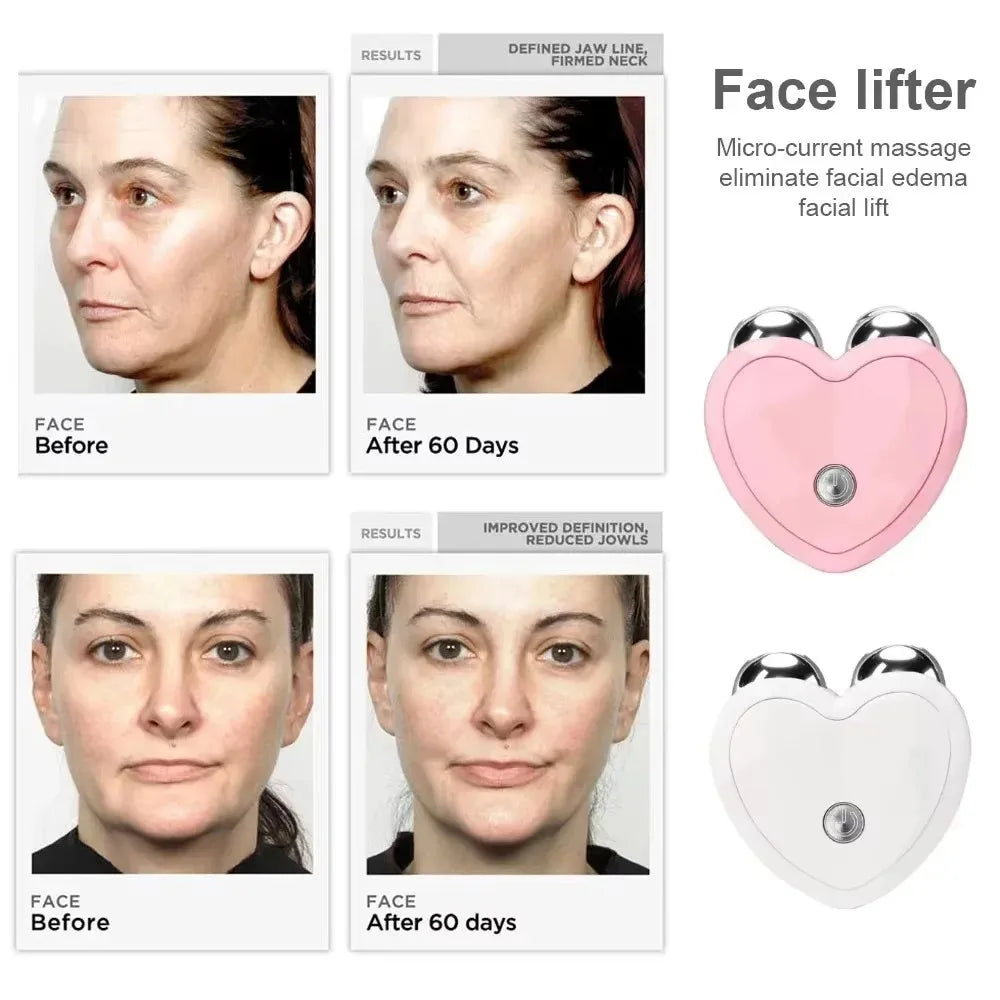 pink and white before and after of using auraself microcurrent facial toning massager 
