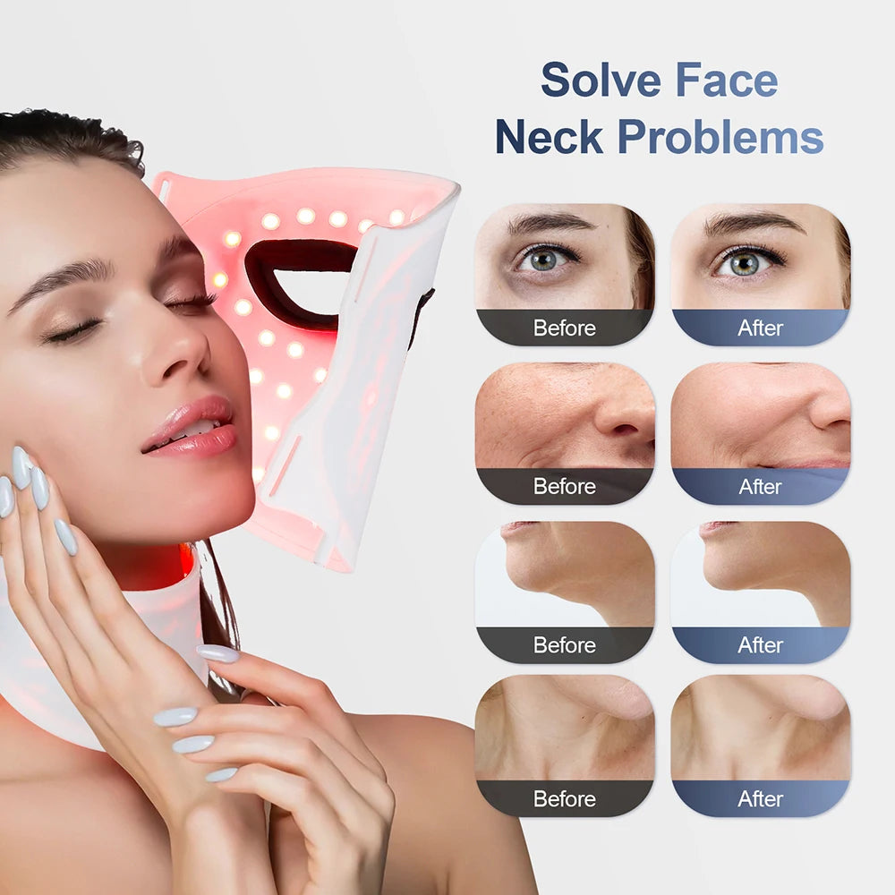 Woman using a device to solve face and neck problems with 'Before' and 'After' results shown.