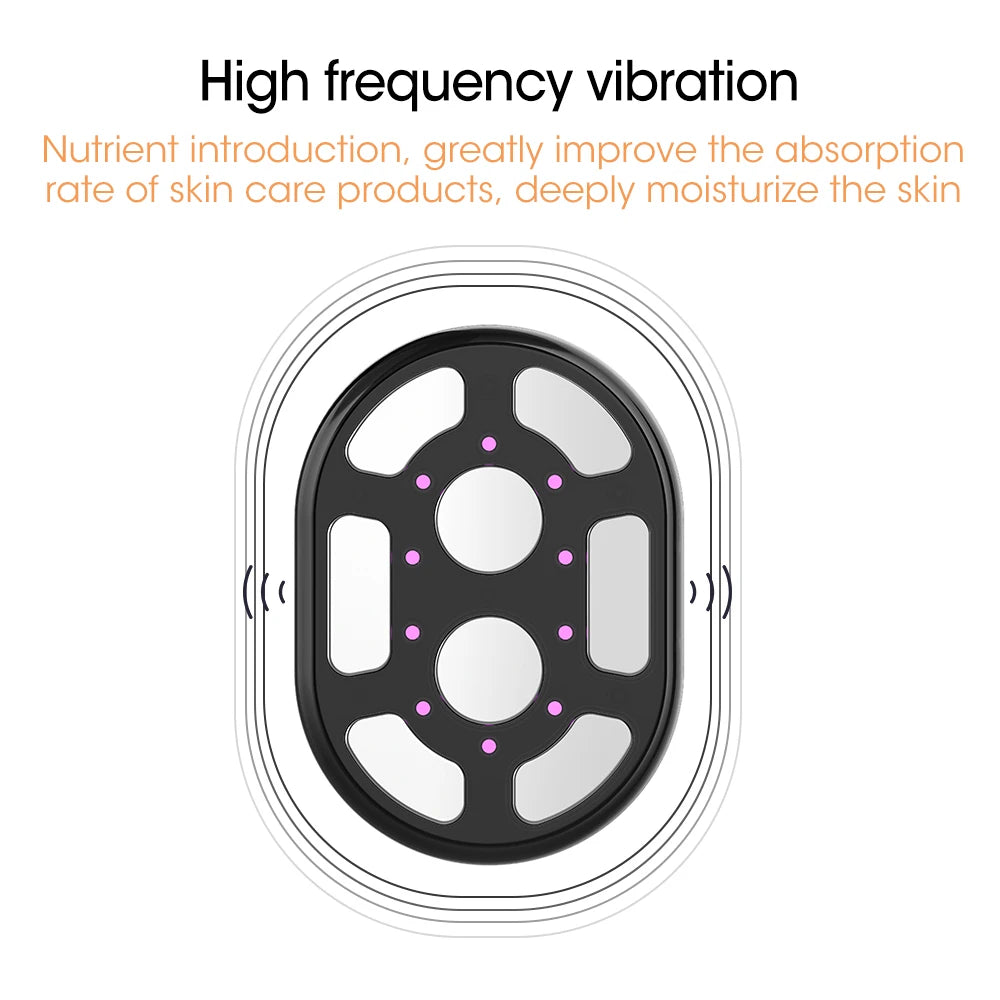 Black and white device with pink dots on a white background, labeled 'High frequency vibration' for skin care.