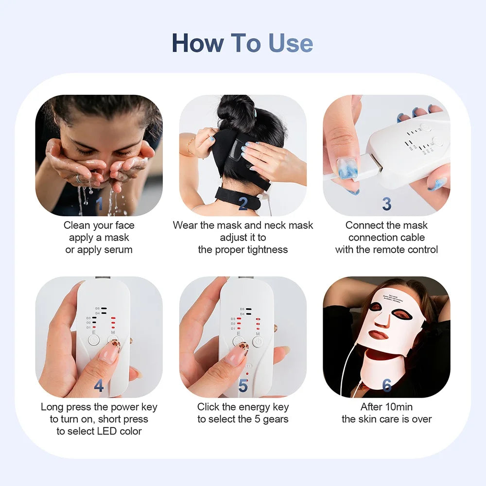 Step-by-step guide on how to use a facial mask device with images and text instructions.