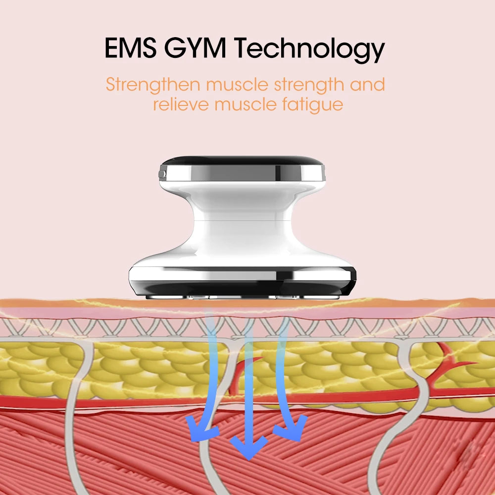 EMS Gym Technology device with muscle cross-section illustration on a pink background