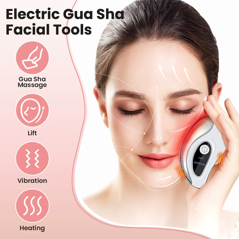 Woman using an electric Gua Sha facial tool with features highlighted 