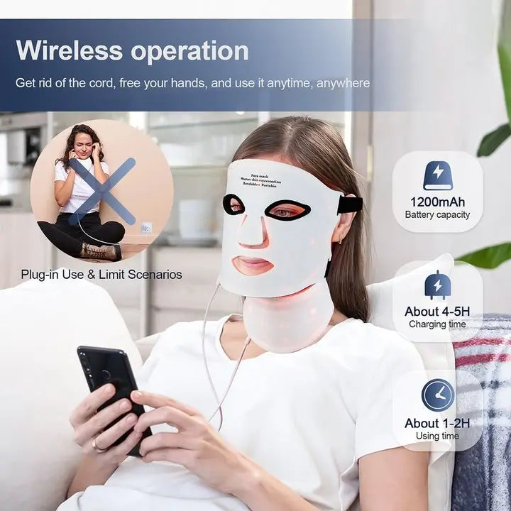 Woman using a face mask with charging and operation details displayed.
