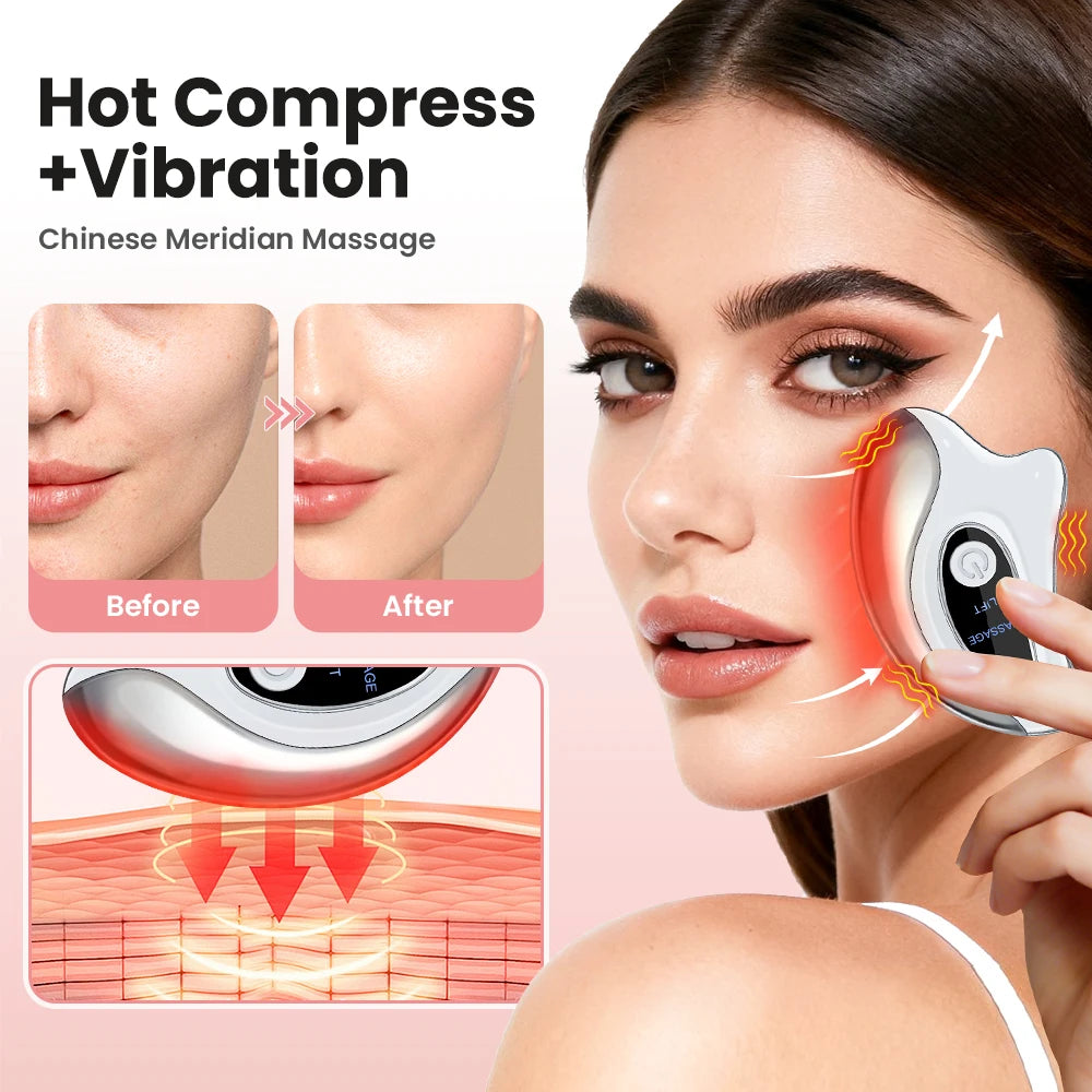 Woman using Electric Gua Sha Tool with text on hot compress and vibration massage.