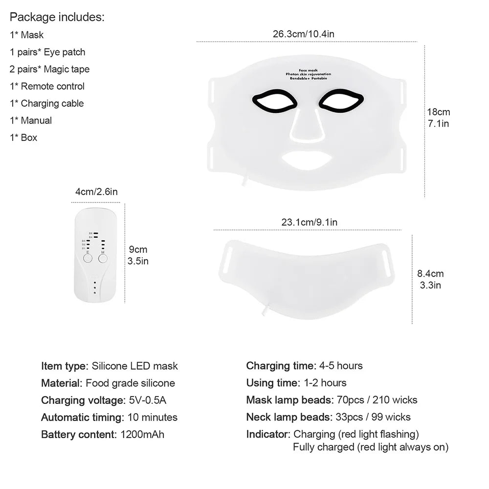 Silicone LED mask with remote control and charging cable, including dimensions and specifications.