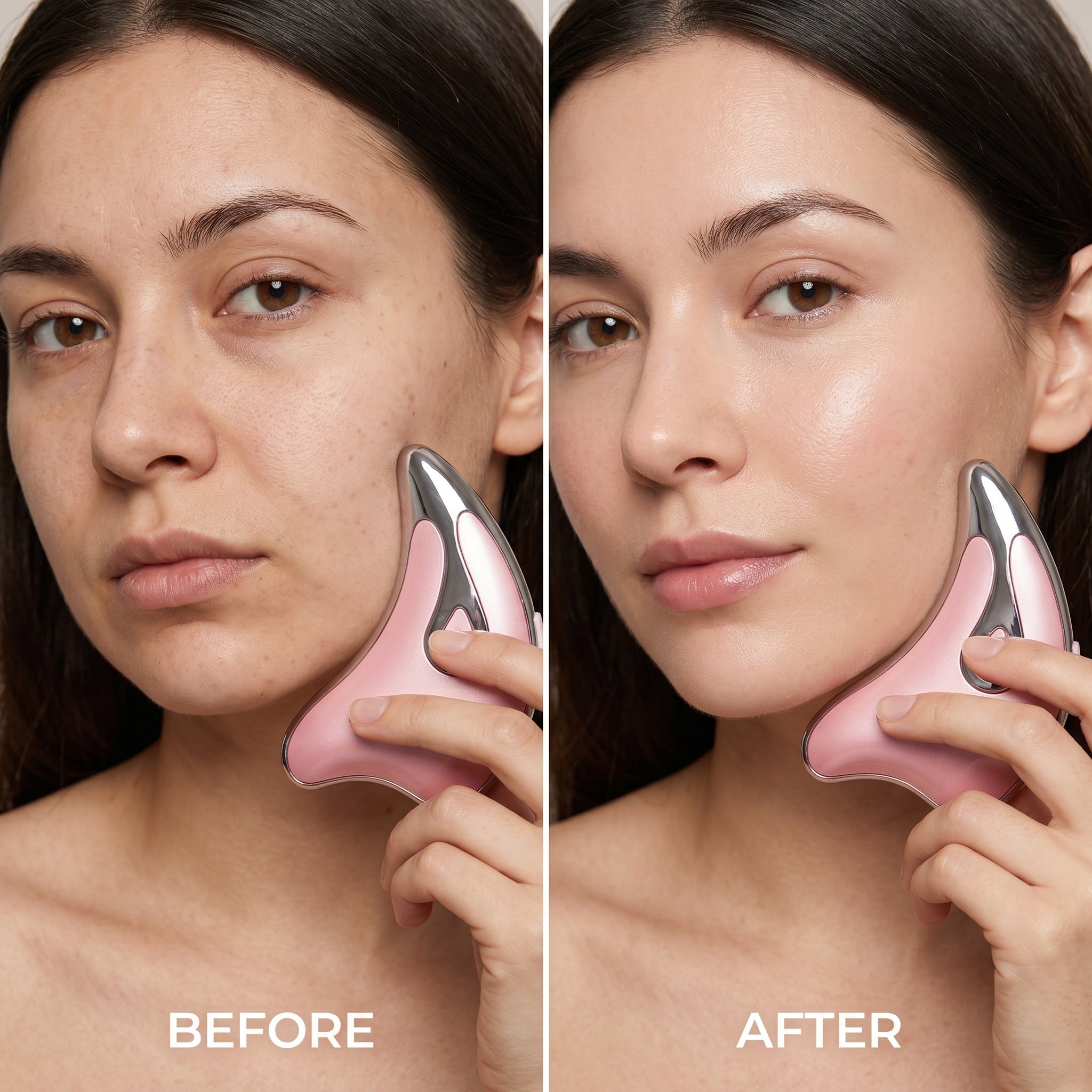 Before and after comparison of a woman using a pink skincare gua sha device on her face.