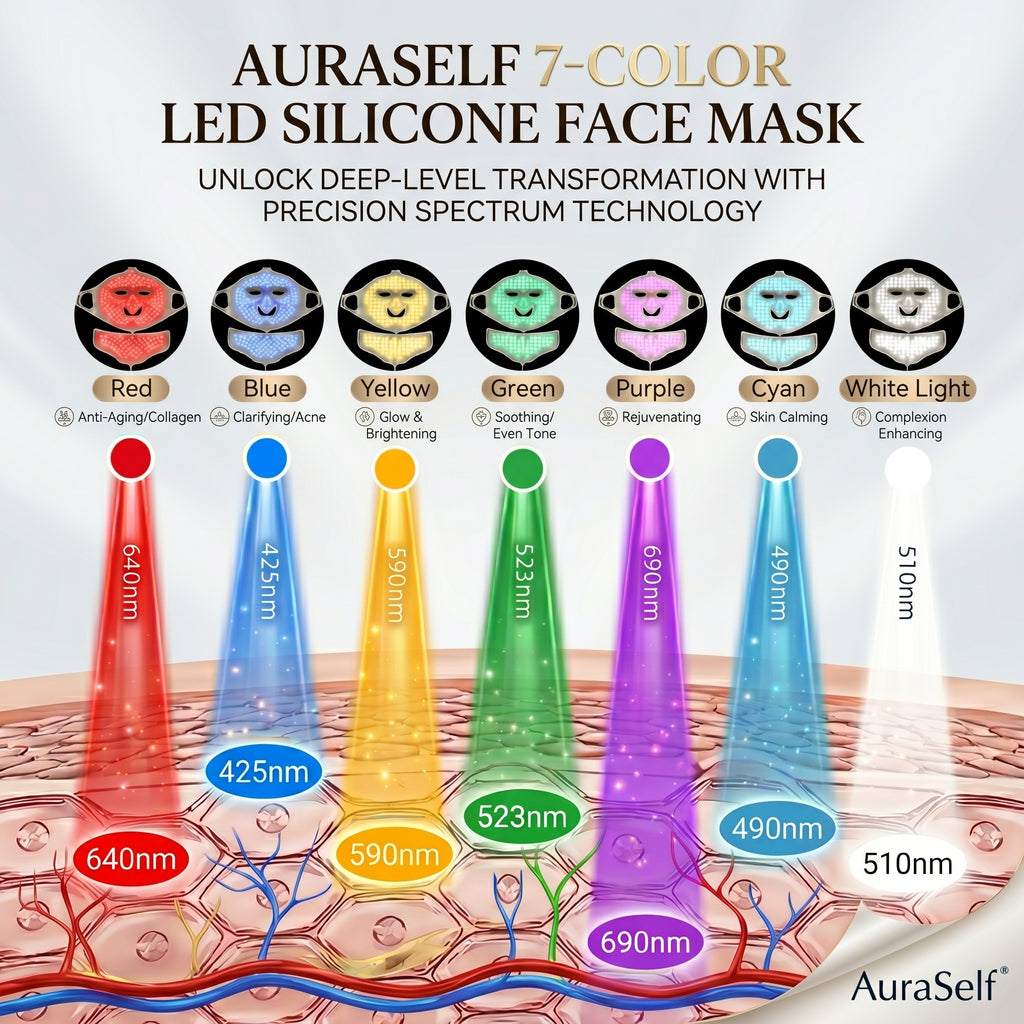 7-color LED silicone face mask and neck with color spectrum and wavelength information.