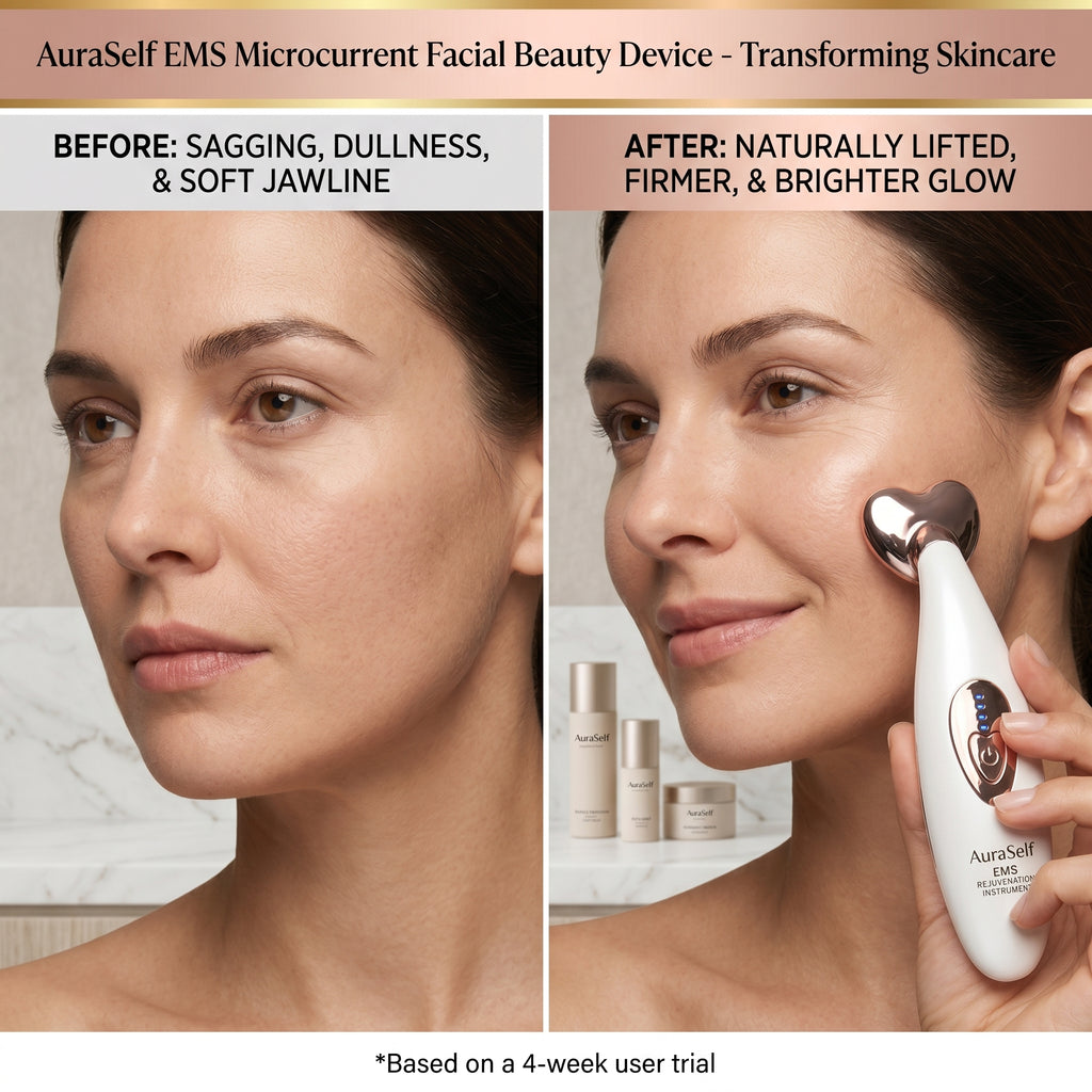 Before and after comparison using an EMS microcurrent facial beauty device.