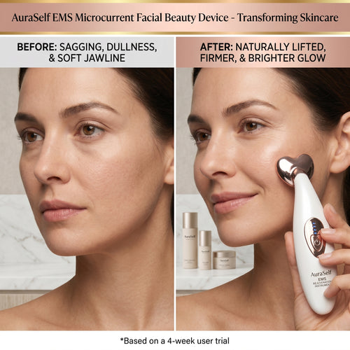 Before and after comparison using an EMS microcurrent facial beauty device.