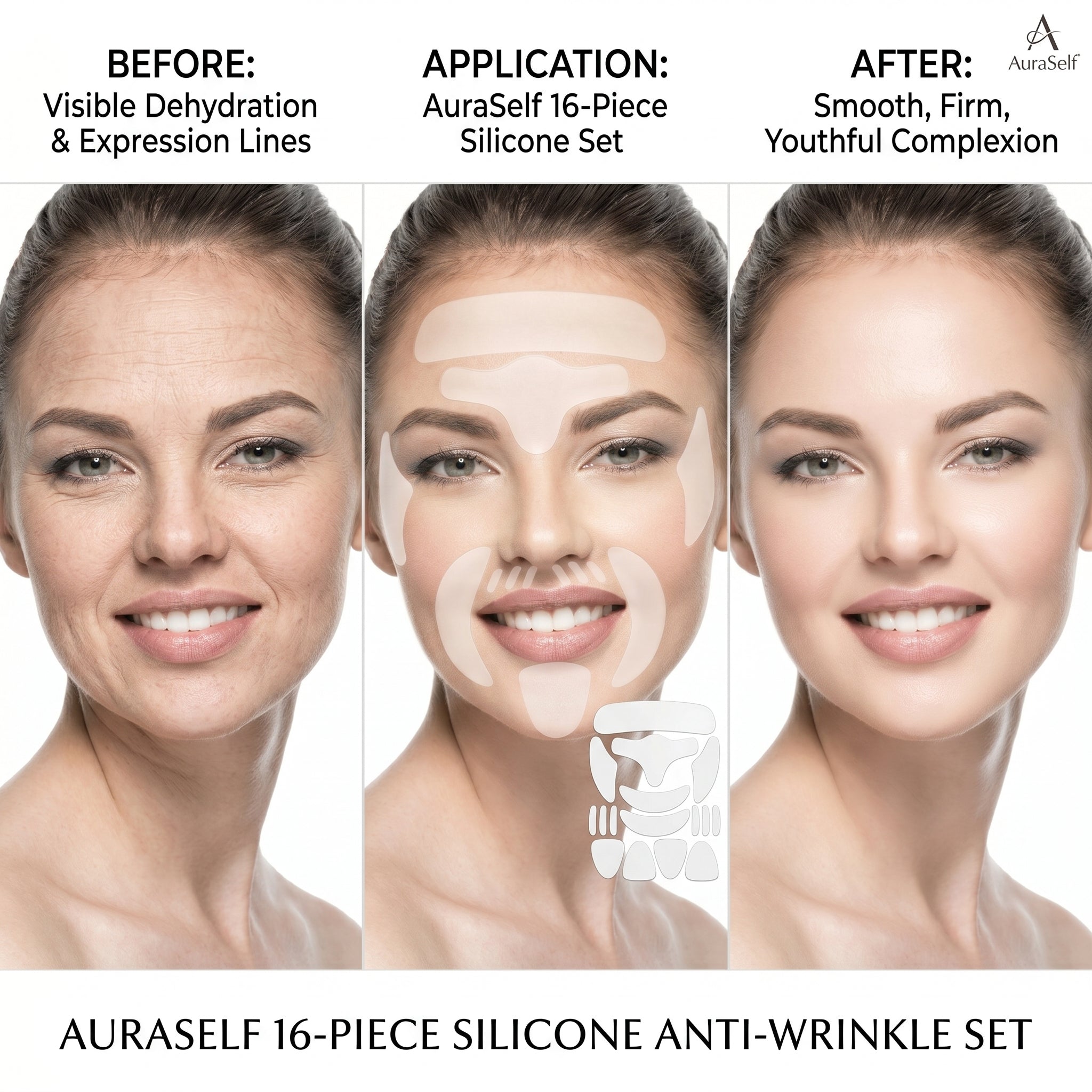 Before, During And After image using the Silicone Anti‑Wrinkle Patch Set