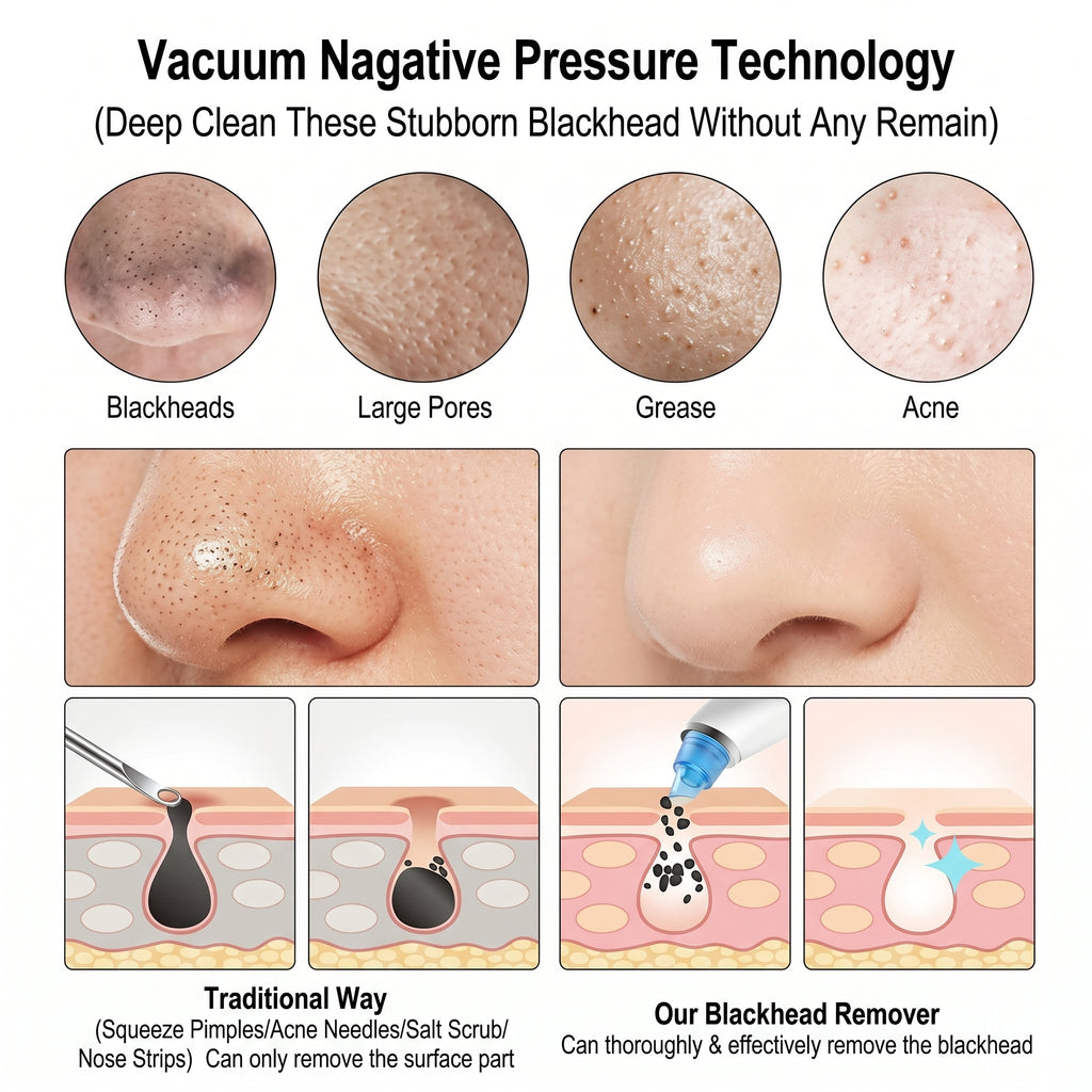 Diagram of Pro Pore Cleansing Device showing Vacuum Negative Pressure Technology for blackhead removal with before and after images.