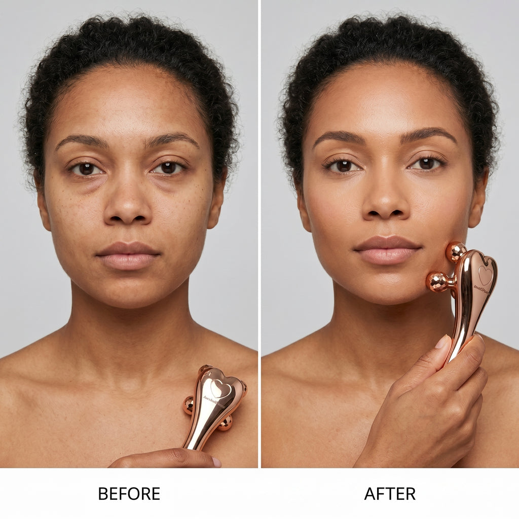 Before and after image of V-line facial  roller for a lifted and contoured appearance.
