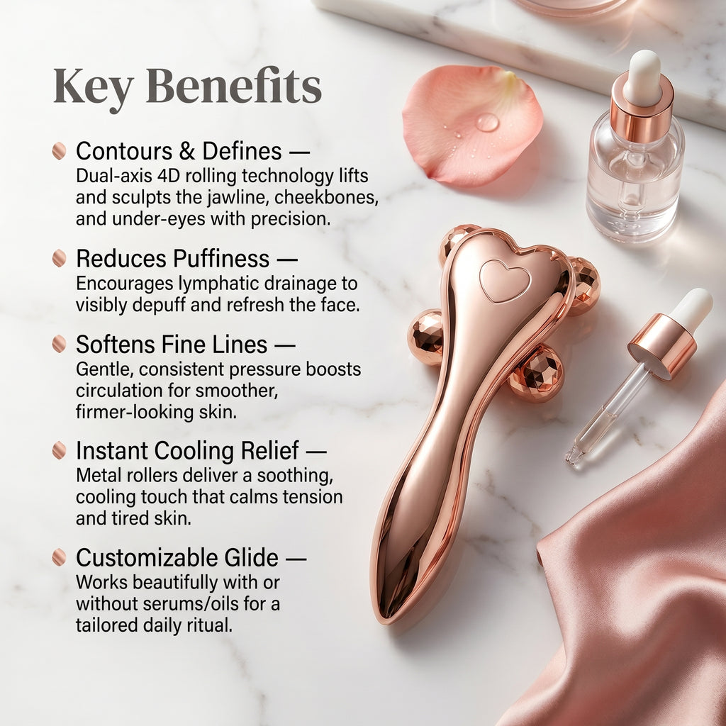 Key benefits for V-Line 4D Facial Roller for jawline slimming and lifting.
