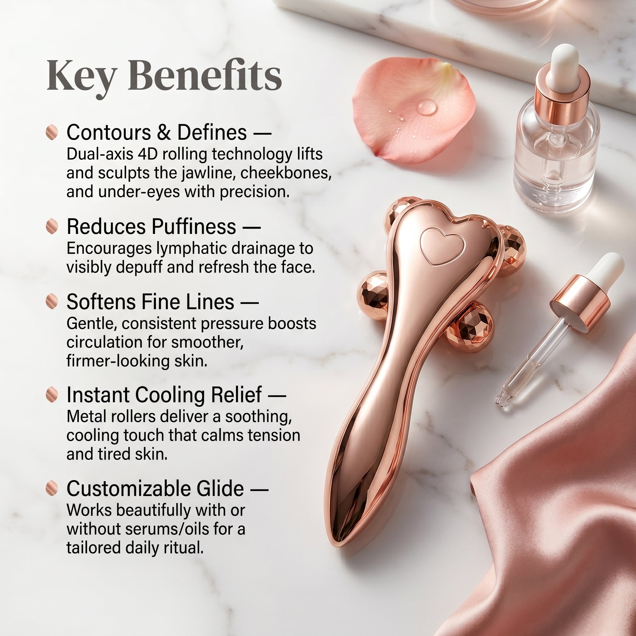 Key benefits for V-Line 4D Facial Roller for jawline slimming and lifting.
