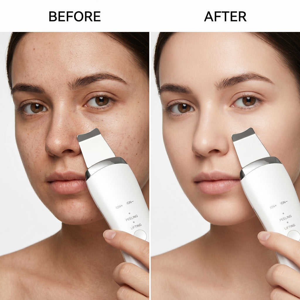 Before And After image of results using the Black And White Ultrasonic Skin Scrubber