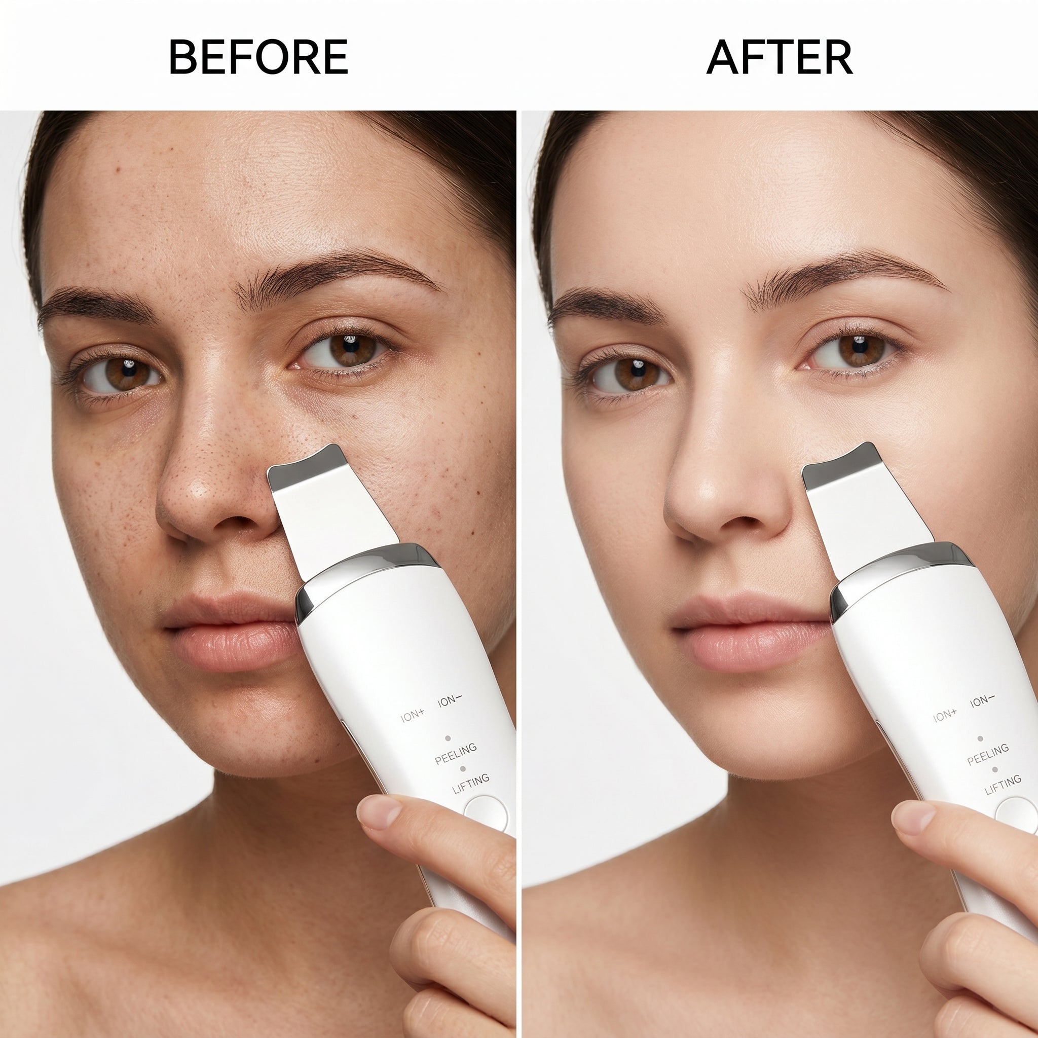 Before And After image of results using the Black And White Ultrasonic Skin Scrubber