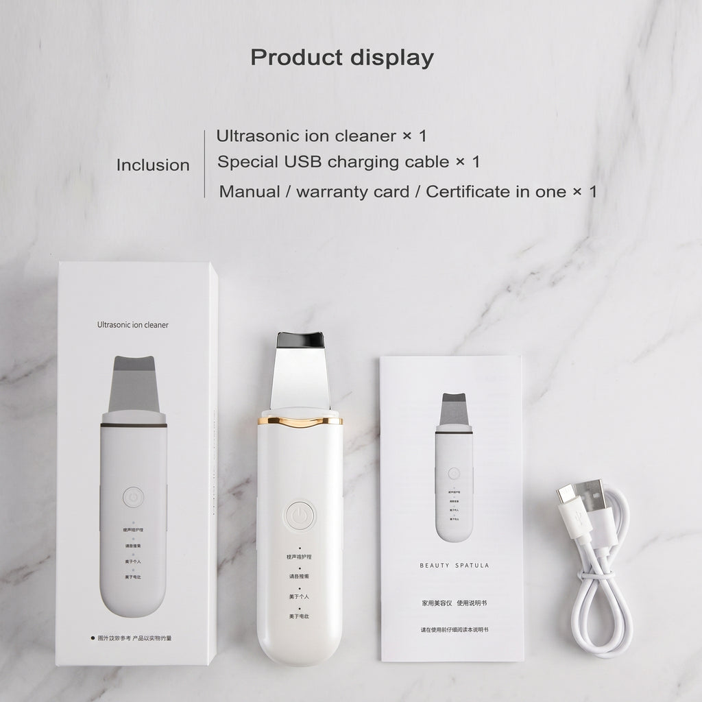 Packaging, USB cable, and manual on a marble surface
