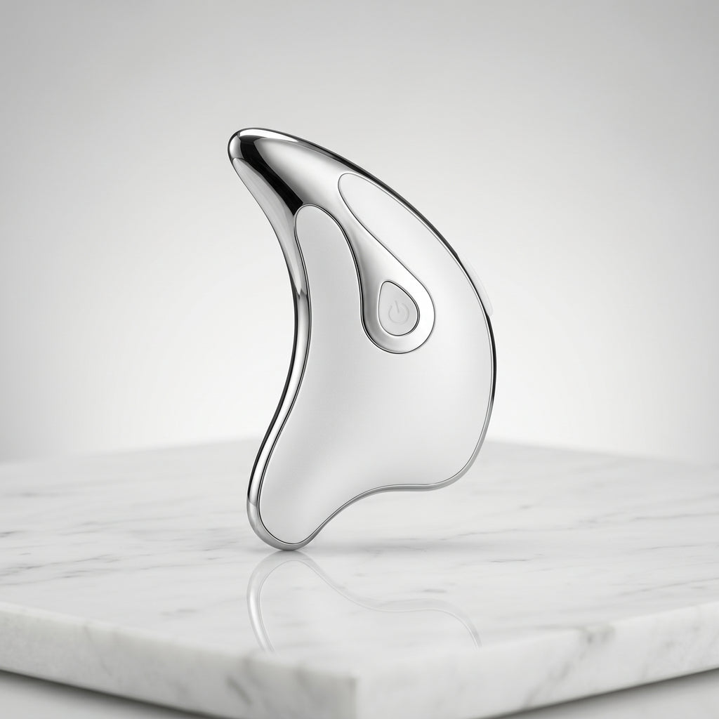 Silver Gua Sha tool on a marble surface with a light gray background